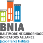 Logo for B N I A reads Baltimore Neighborhood Indicatos Alliance, Jacob France Institute