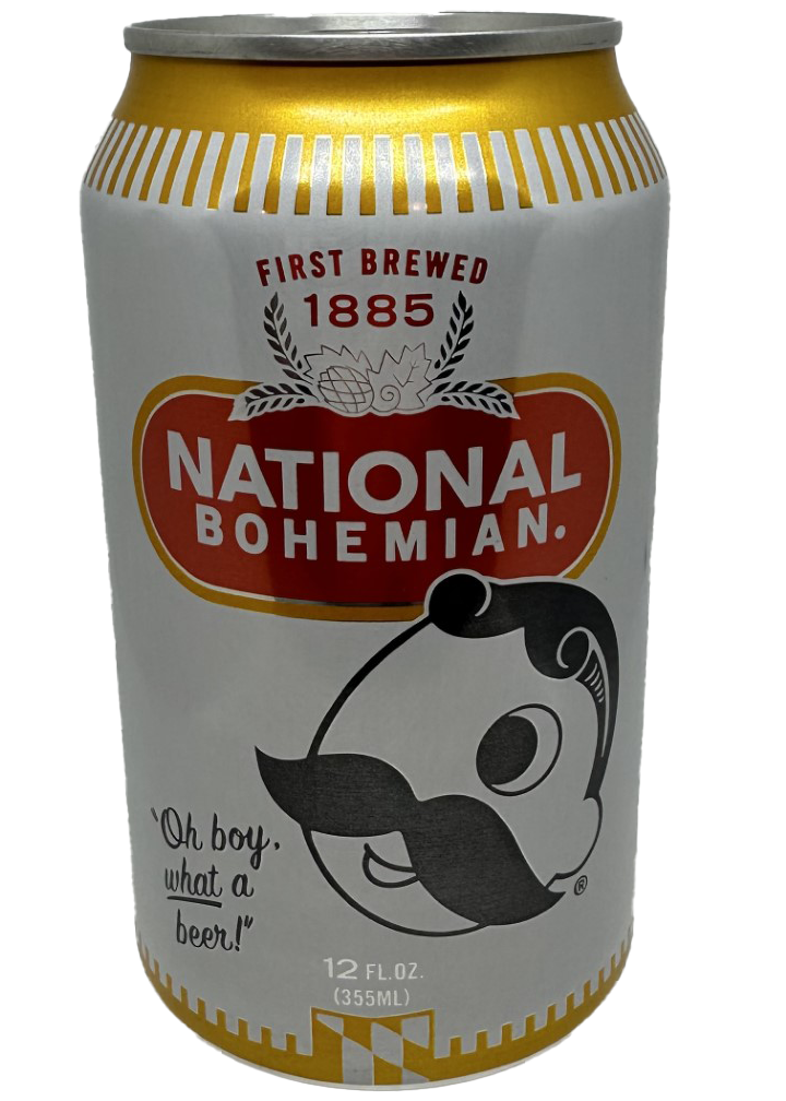 contemporary national bohemian beer can with a white label and red typeface logo
