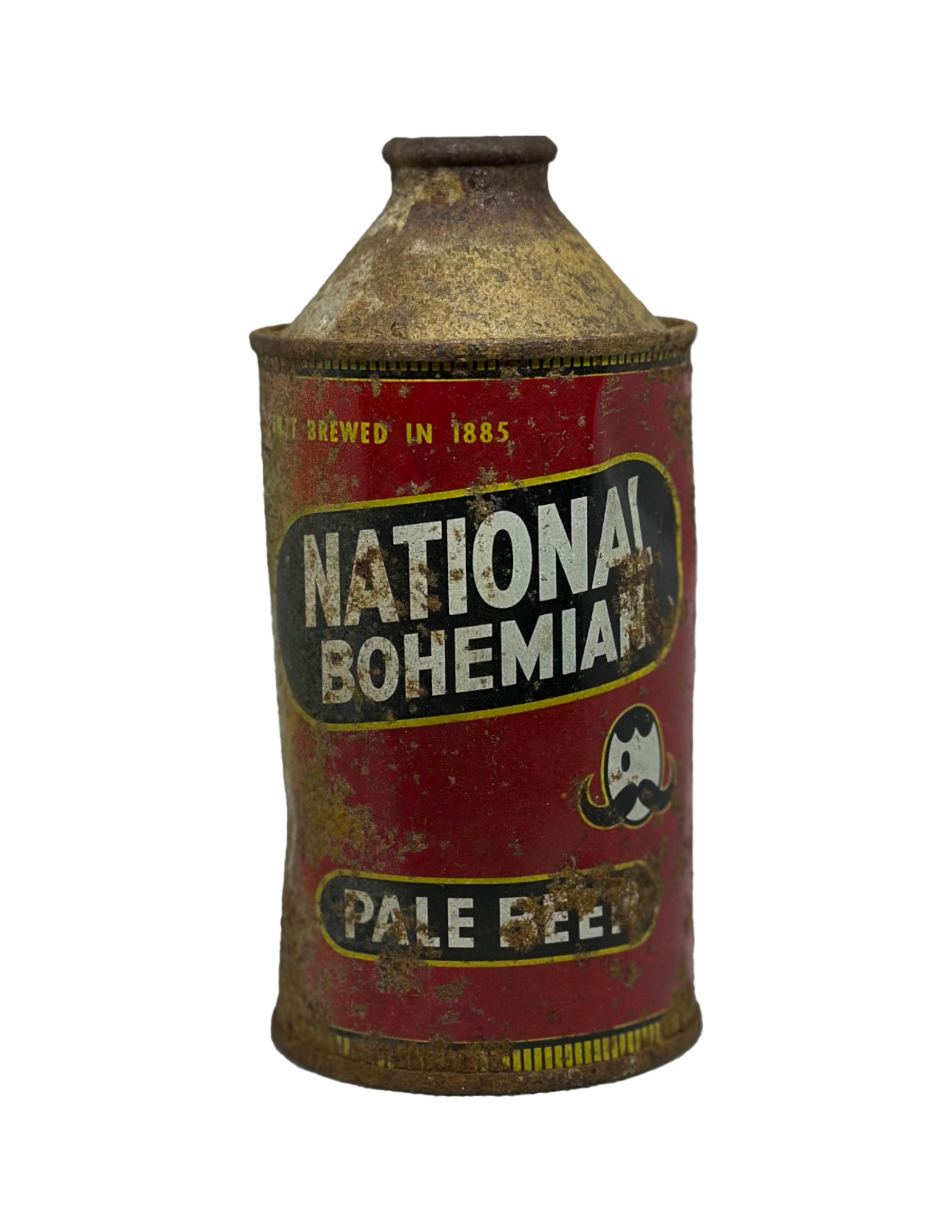 national bohemian beer can with a cone-top design, red label, and black and white logo