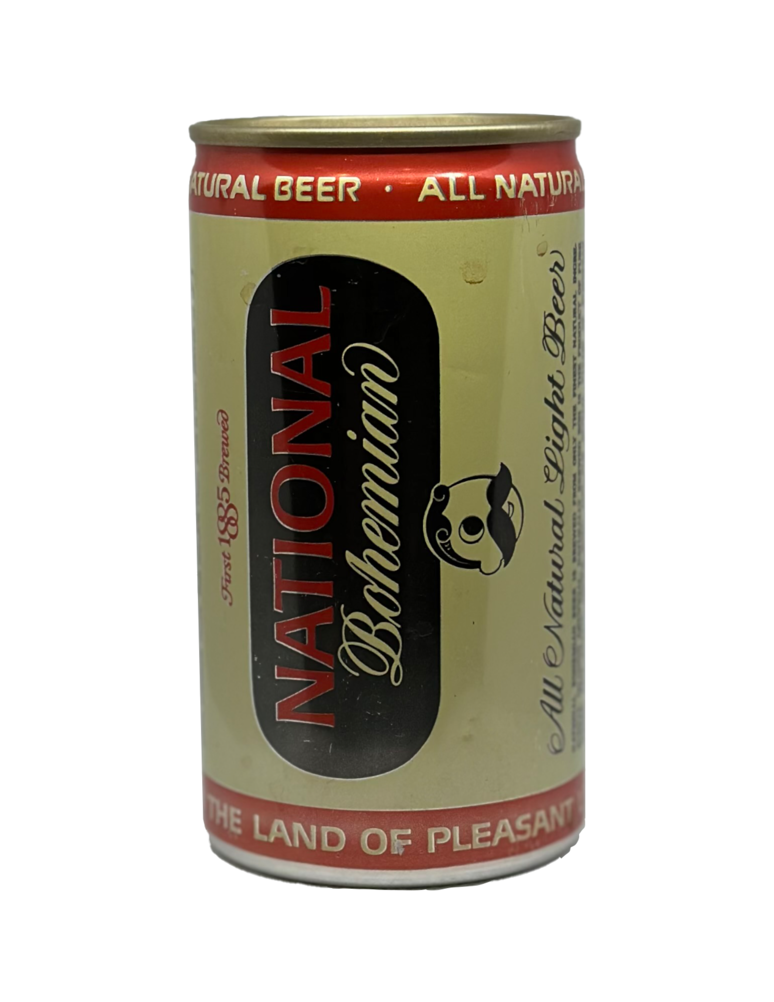national bohemian beer can with a flat-top design, gold label, and script typeface for the logotype