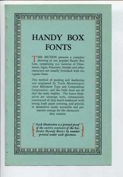 The half-title page incorporates decorative borders around the title and address of the business. The Art Deco style is represented with repetitive decorative symbols and stripes around the border. 