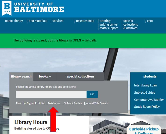 Databases location on library homepage