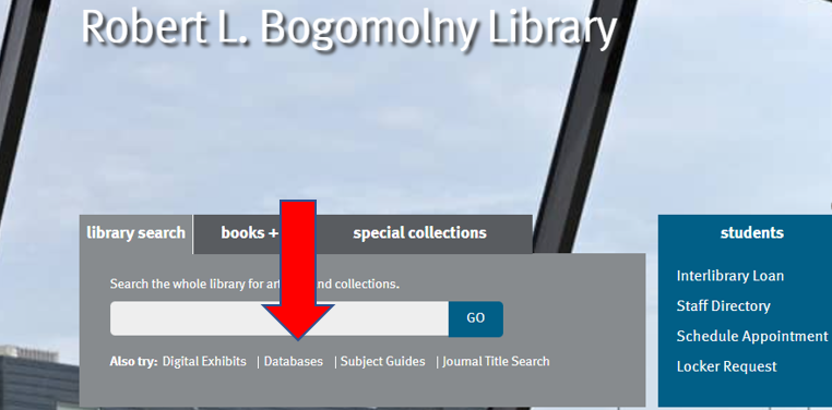 Location of "Databases" link under the library search box on the RLB Library homepage.