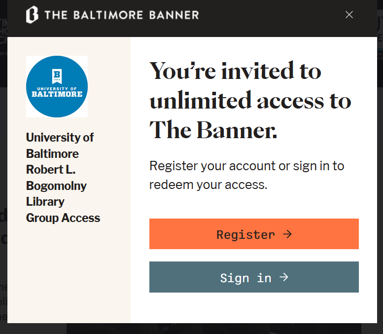 Registration and log in screen for The Baltimore Banner
