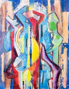 Colorful abstract figures dancing in the style of a cubist painting