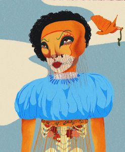 Abstract woman in a blue blouse; half skeleton, half skin covered in makeup.