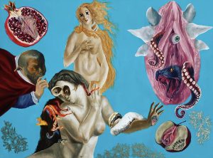 Surrealist composite image including references to Botticelli's Venus, pomegranate, and vaginal/biblically accurate angel