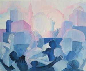 Abstract dance, pink and blue figures dancing in the style of Cubism