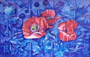 Blue-toned drawing of poppy flowers with three red flowers blooming