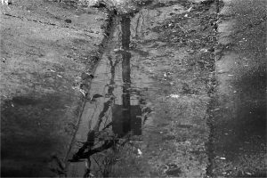 Black and white photograph of a street sign reflected in a puddle