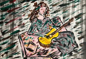 Hand-drawn image of woman playing guitar on multi-colored couch