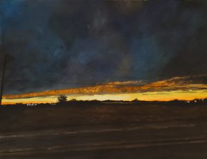 Painting of a side of the road at dusk
