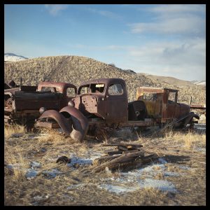 A photograph of broken, rusted old trucks
