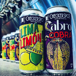 Photo of two of Adam Miller's designs for Checkerspot Brewing--Lima Limón And Sabro Cobra.