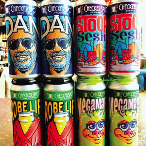 Photo of four of Adam Miller's designs for Checkerspot Brewing--Dan, Stoop Sesh, Robe LIfe, and Megamaroo.