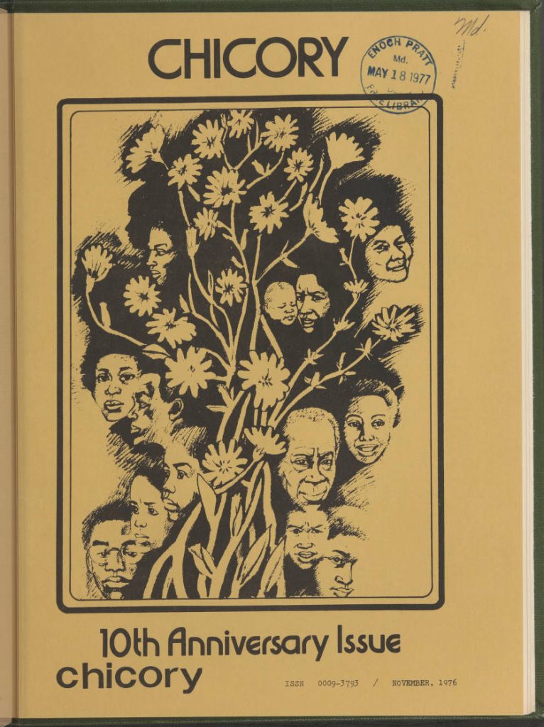 Cover page for November 1976 issue of Chicory magazine, the 10th anniversary issue. The background is a dark gold and a black rectangular frame takes up most of the space, with title text over the top of the rectangle and "10th anniversary issue" below it. Inside the frame is a detailed black-and-white illustration of flowers growing up from the ground, with people's faces interspersed among them