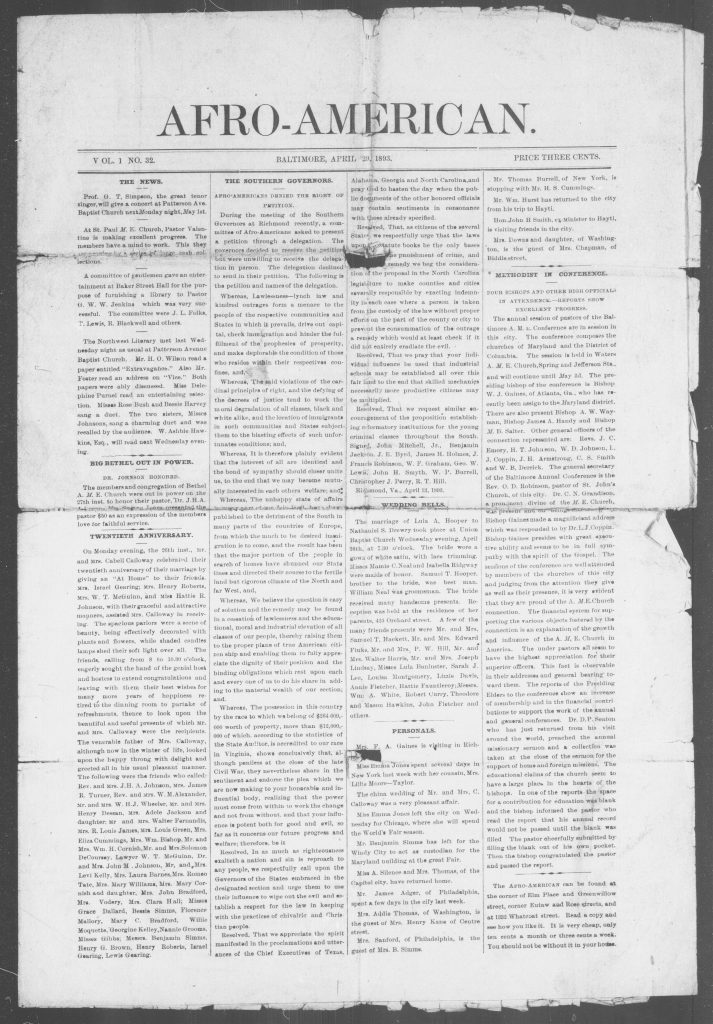 one-page scan of afro-american newspaper