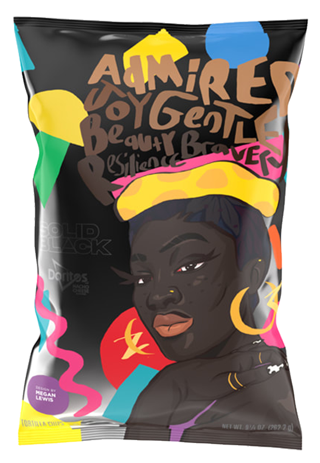 In Megan Lewis's Doritos Solid Black Challenge designs, striking portraits emerge on a black canvas adorned with vibrant Memphis designs. The first captures an African American woman with large gold earrings, skin-toned words enveloping her - "Admired," "Joy," "Gentle," "Beauty," "Brave," and "Resilient."