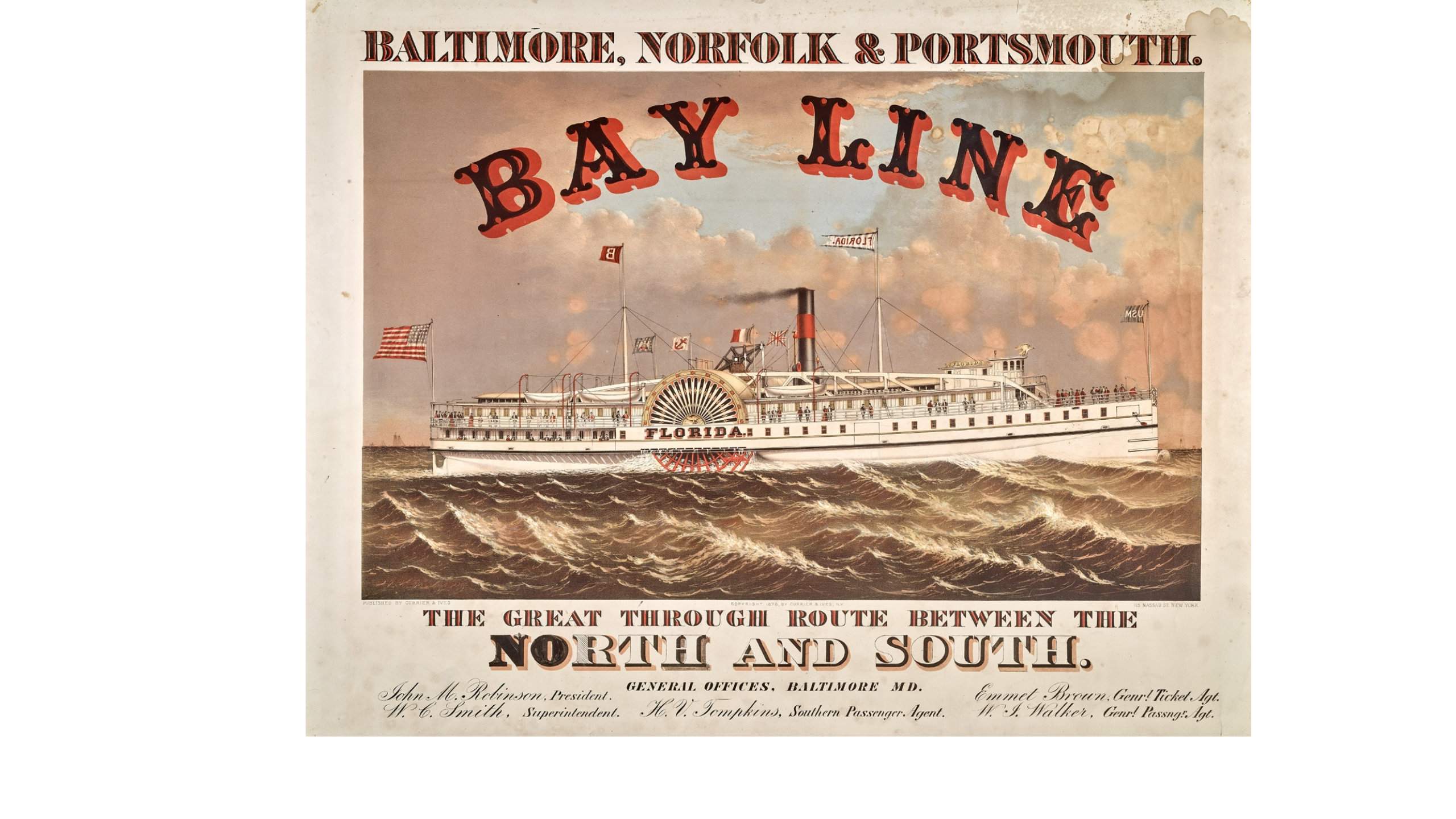 Lithograph print circa 1877 featuring the Bay Line steamship