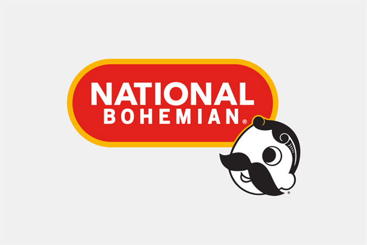 Logo for National Bohemian Beer. The logo features the image of a character known as "Mr. Boh", a whimsical, one-eyed, mustachioed figure with a wide smile and a classic feel. Behind him is red rounded rectangle with yellow trim, that contains the brand name "National Bohemian" in all caps.