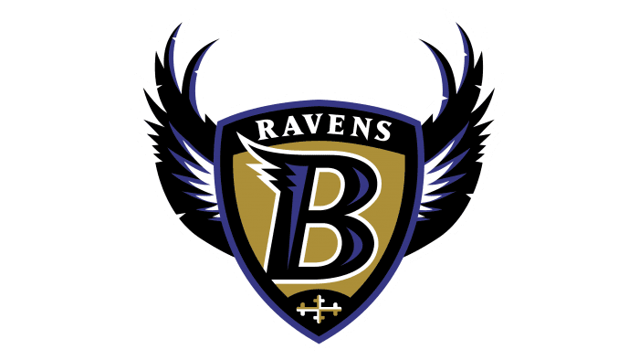 A triangular pointed shield, with the letter B as a central element of the logo, wings on each side of the logo, the name Ravens on top of the shield, and the cross of the Maryland flag on the bottom of the shield. The colors of the logo include black, metallic gold, purple, and white.