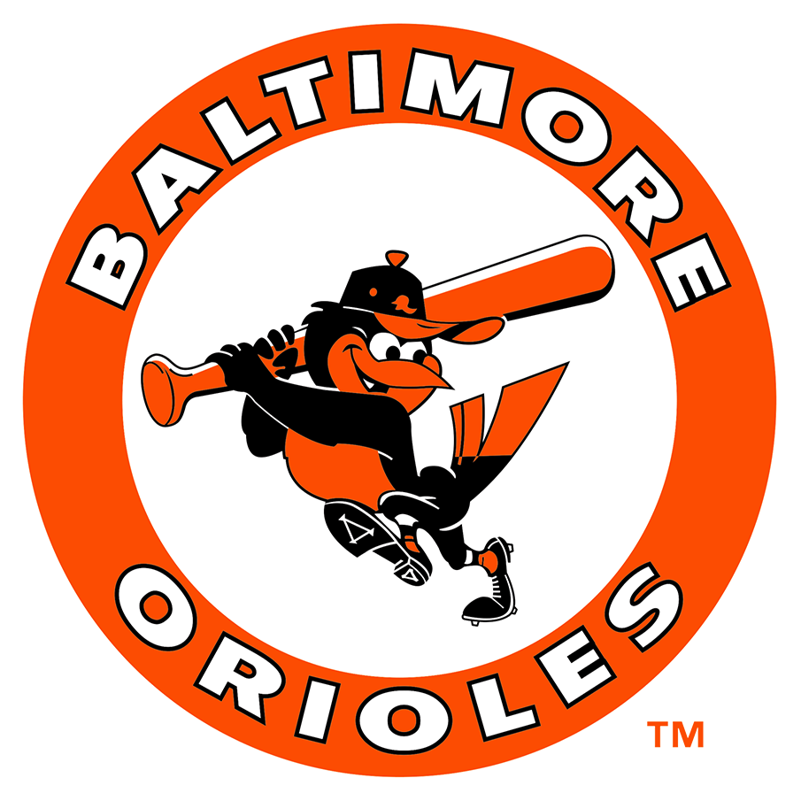 retro Baltimore Orioles logo with a cartoon oriole bird illustration swinging a bat in the center of a white circle, srurrounded in an orange ring with Baltimore Orioles written in sans-serif font. 