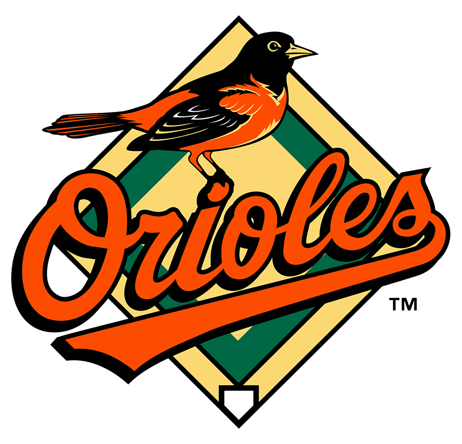 Alternative current Orioles logo featuring a realistic oriole bird illustration perched atop the lowercase "i" of a script Orioles typeface logo in orange, and also featuring a simplified baseball diamond graphic as a background. 