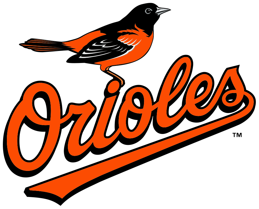 Alternative current Orioles logo featuring a realistic oriole bird illustration perched atop the lowercase "i" of a script Orioles typeface logo in orange. 