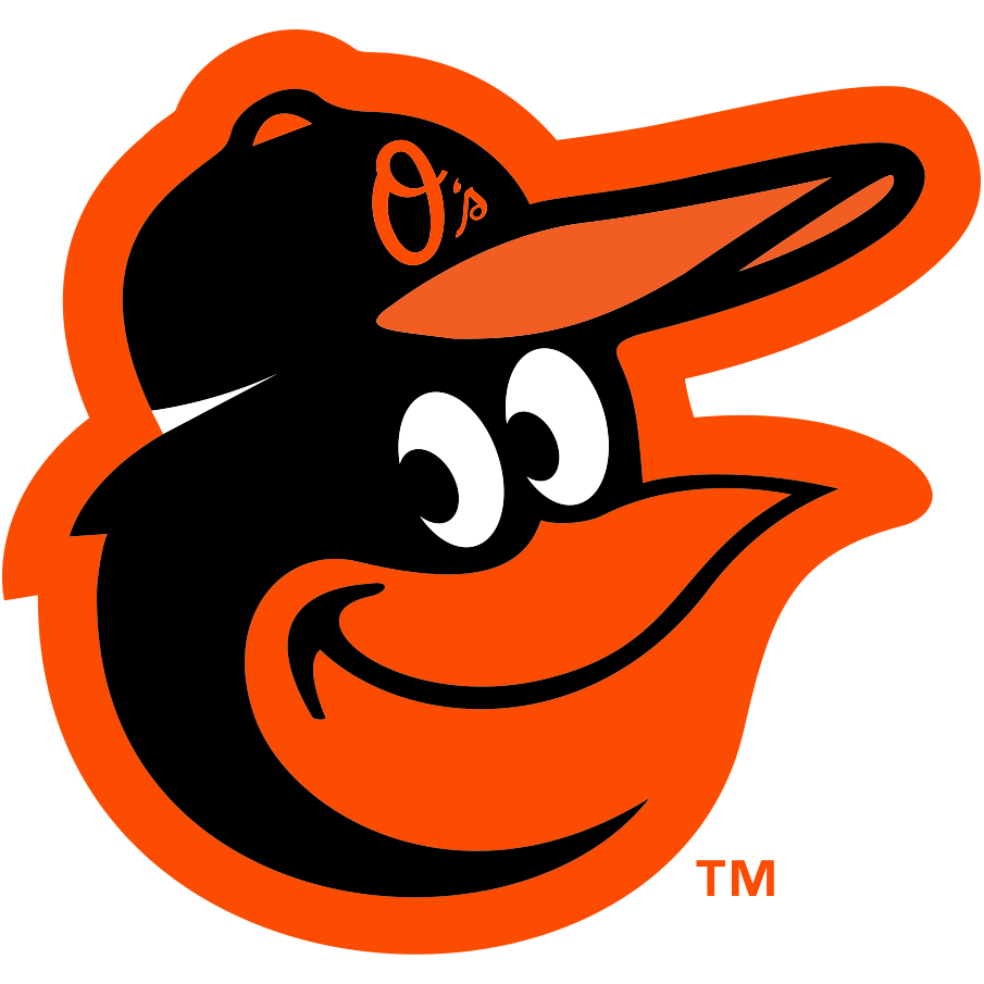 Current Orioles logo, featureing a cartoon bird face in black and orang, wearing a black baseball cap with an orange script "O"
