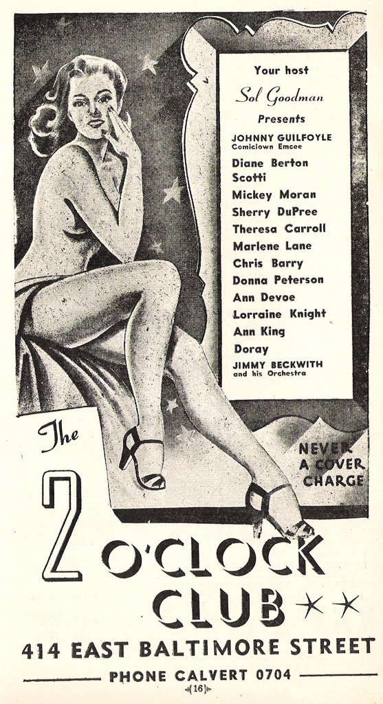 A caricature of a seated woman, smiling, with her right hand touching the left side of her face, while her legs dangling above the words “2 O’Clock Club”. The advertisement lists headliners and an appealing “Never a Cover Charge” note.