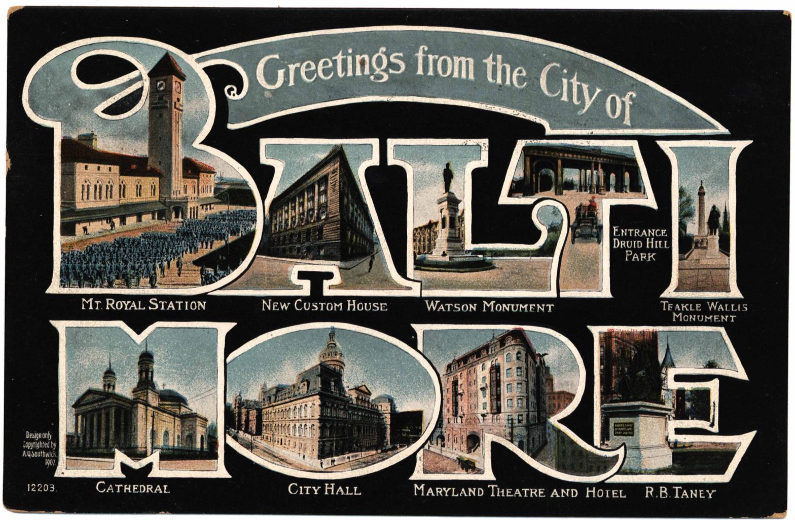 "Greetings from Baltimore" — Picture postcards with multiple images of Baltimore often framed within the letters B-A-L-T-I-M-O-R-E.