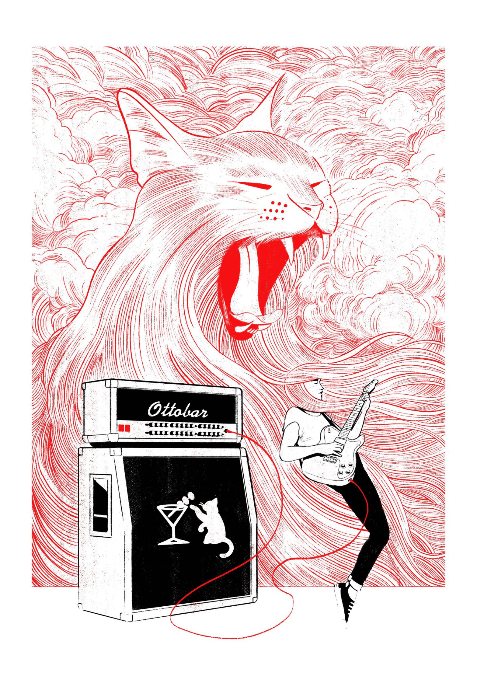 A huge red and white cat is drawn in a simple, cartooon-ish style, mid-yawn on a background of clouds. The cat's long fur flows into the hair of a person playing an electric guitar, who seems to be floating off of the ground, like they're being swept away by the music. Behind the guitarist is a half-stack amplifier with the name Ottobar on the head and the Ottobar's logo - a cat batting at a martini glass - silhouetted on the cabinet in black and white.