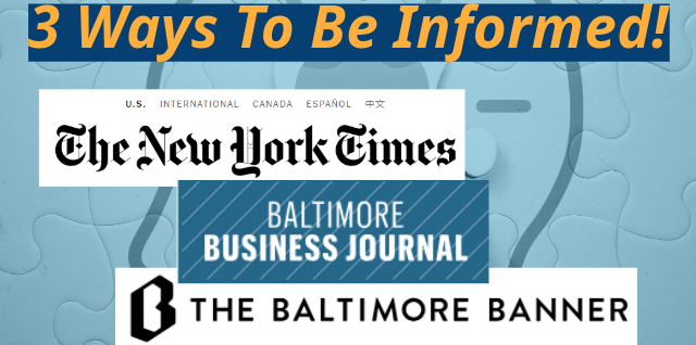 Shows the branding for three news sources, The New York Times, Baltimore Business Journal and The Baltimore Banner.