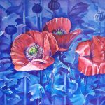 Blue-toned drawing of poppy flowers with three red flowers blooming