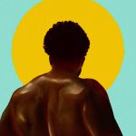 Painting of a shirtless black man facing backwards on a teal and yellow background