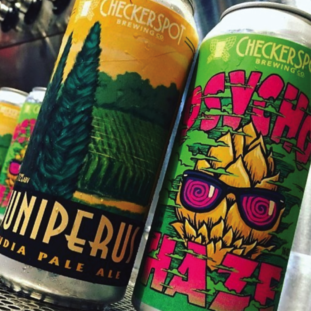 Photo of two of Adam Miller's designs for Checkerspot Brewing--Junipers and Psycho Haze.